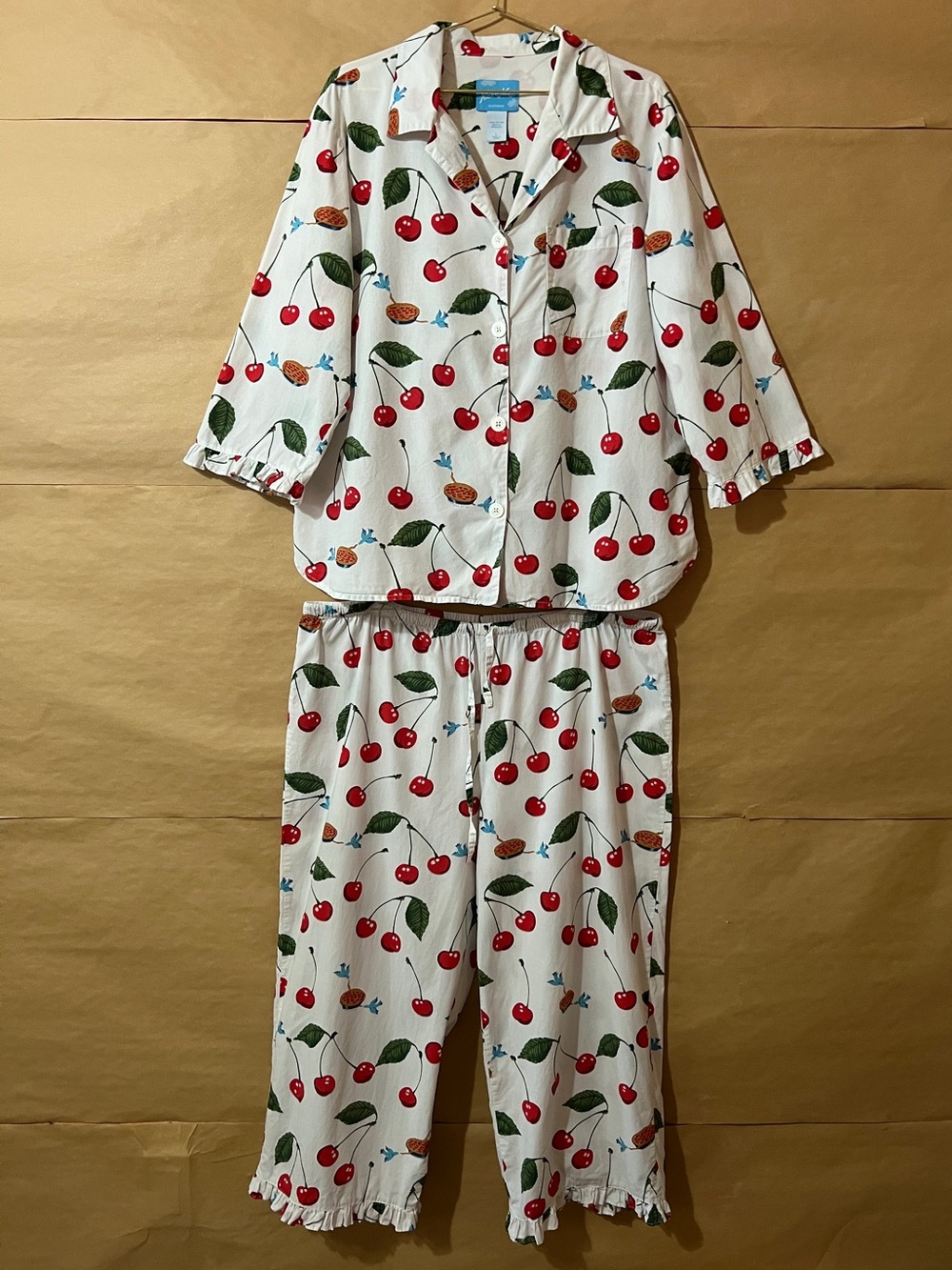 Nick and Nora | Cherry Pie Pajama Set Top & Pants Matching Set Ruffle Size L